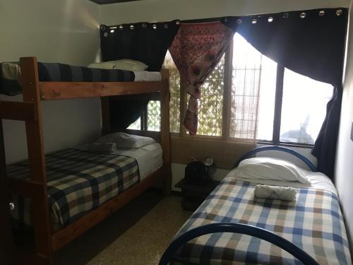 a bedroom with two bunk beds and a window at In the Wind Hostel and Guesthouse in San José