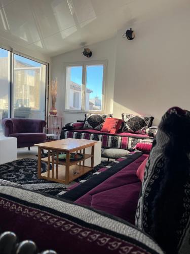 un salon avec des canapés et une table basse dans l'établissement La Novèla, Maison de Village Rooftop, à Port-la-Nouvelle