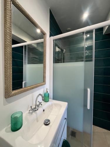une salle de bain avec un lavabo et une douche avec un miroir dans l'établissement La Novèla, Maison de Village Rooftop, à Port-la-Nouvelle