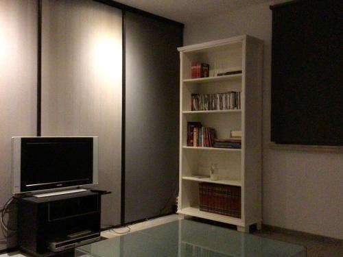 a living room with a tv and a book shelf at Cosy attic apartment, terrace, 1 bedroom south in Opdorp