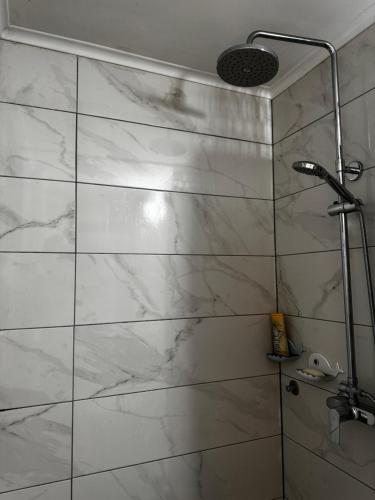 a bathroom with a shower with white marble walls at Apartman Ana in Bjelovar