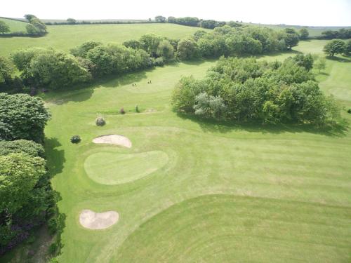 an overhead view of a green golf course with a heart shaped golf ball at Priskilly Forest Country House in Fishguard
