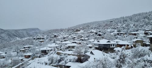 a village covered in snow with mountains in the background at Панорама хаус Лещен и еко къщи Дървена и Землянка in Leshten