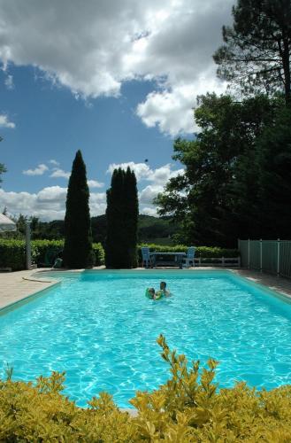 une personne nageant dans une grande piscine bleue dans l'établissement Eglantine, ruim en sfeervol vakantiehuis in een heerlijke omgeving, à Carlux