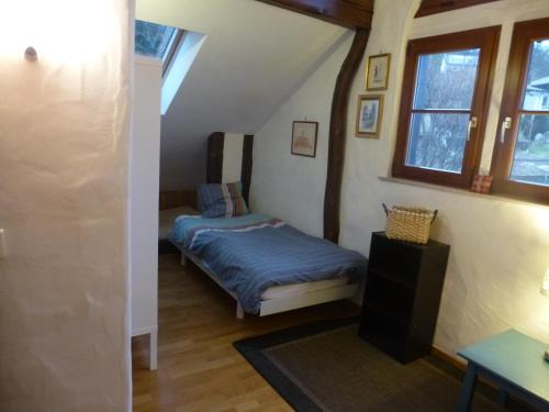 a small bedroom with a bed in a attic at La Pomme de Pin in Raedersdorf