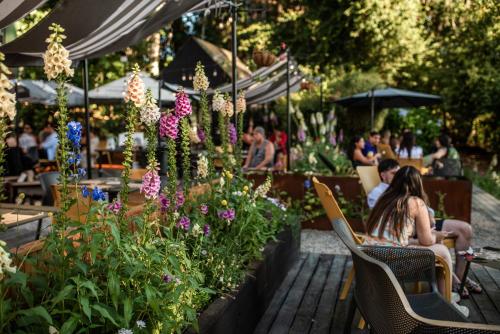 a couple sitting in chairs in a garden with flowers at Hotel Puerta del Sur in Valdivia