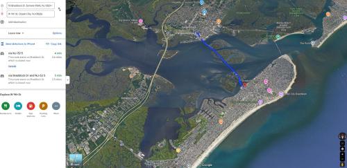 a map of a river with a blue trail at 10 Braddock Somers Point in Somers Point