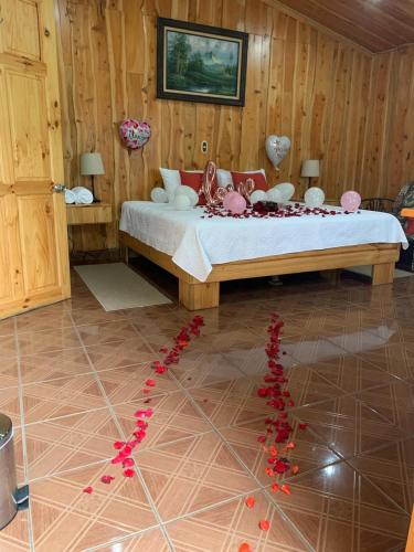 a bedroom with a bed with red flowers on the floor at Hotel La Paz in Poasito