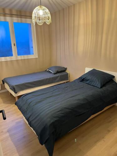 une chambre avec deux lits et un lustre dans l'établissement La roue Bleue, à Saint-Jean-de-Monts