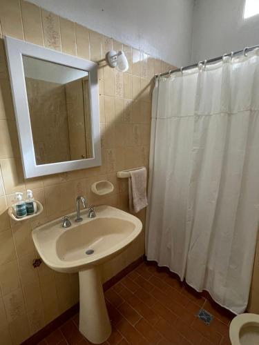 a bathroom with a sink and a shower curtain at Casagrande Navarro in Navarro