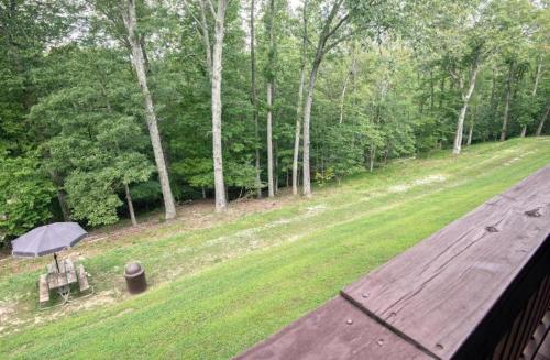 an aerial view of a picnic table with an umbrella at Carter Caves State Resort Park in Olive Hill