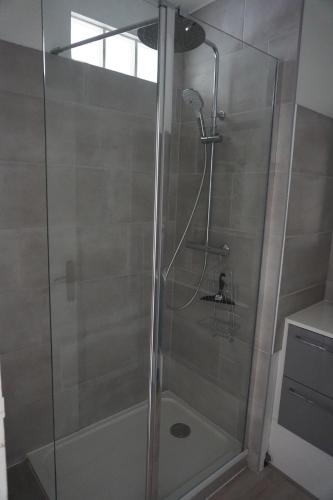 une douche avec une porte vitrée dans une salle de bain dans l'établissement Appartement confortable, à Caen