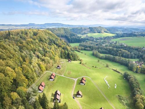 an aerial view of a farm in the woods at Holiday Home Stárkov by Interhome in Stárkov