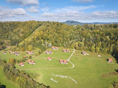 an aerial view of a farm with horses in a field at Holiday Home Stárkov by Interhome in Stárkov