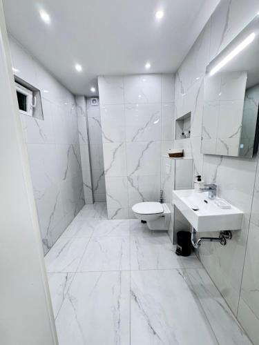 a white bathroom with a sink and a toilet at Modernes Haus mit Garten & Privatparkplatz Villa in Gelsenkirchen