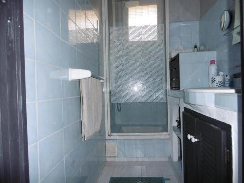 une salle de bain avec une douche, un lavabo et un miroir dans l'établissement Narbonne-Plage : Appartement T2 Climatisé, 35m², Pieds dans l'eau, 4 Pers. - FR-1-795-50, à Narbonne