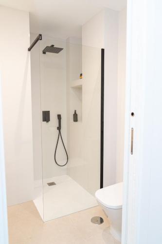 a white bathroom with a shower and a toilet at CASA MOLINO y GARAJE in Ronda