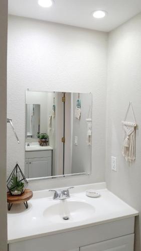 a bathroom with a sink and a large mirror at Naples Park Oasis - Cozy Two Bedroom Apartment in Naples