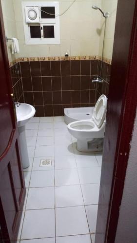 a bathroom with a toilet and a sink at شقق لين in Ḑubā