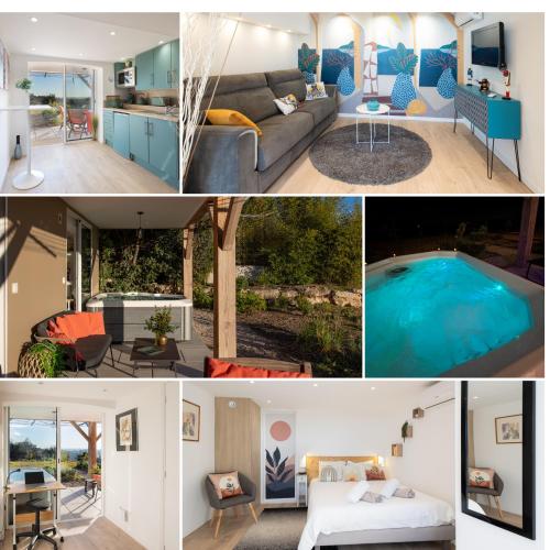 un collage de photos d'une maison dans l'établissement LE COCON D'AZUR Jacuzzi - Terrasse- Vue mer- Wifi- Entièrement rénové, à Valbonne