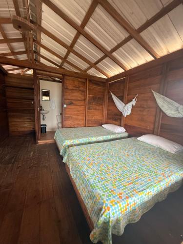 two beds in a room with wooden walls at La Bamba in Termales - agua caliente - nuqui