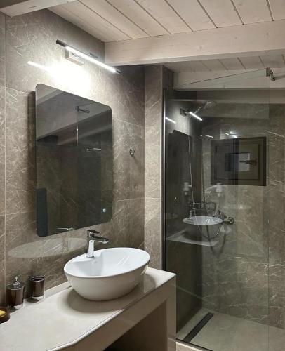 a bathroom with a sink and a glass shower at Zena Suites in Palaiokhóri