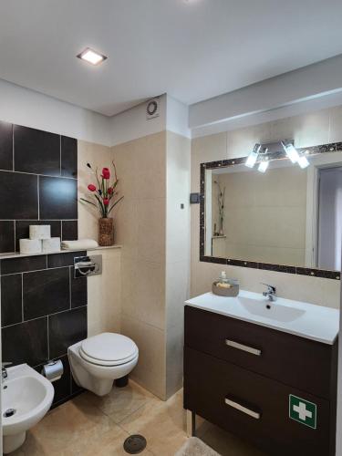 a bathroom with a toilet and a sink and a mirror at Ria Center Apartment - Right in Faro