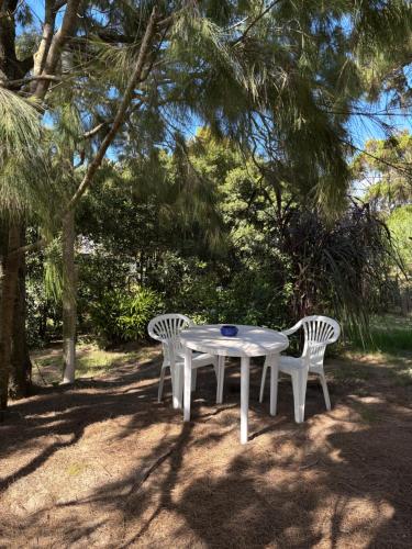 a white table and two chairs under a tree at Monoambiente en Valizas in Barra de Valizas