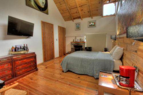 a bedroom with a bed and a flat screen tv at Hotel Boutique Frutos del bosque by Rotamundos in Jicolapa