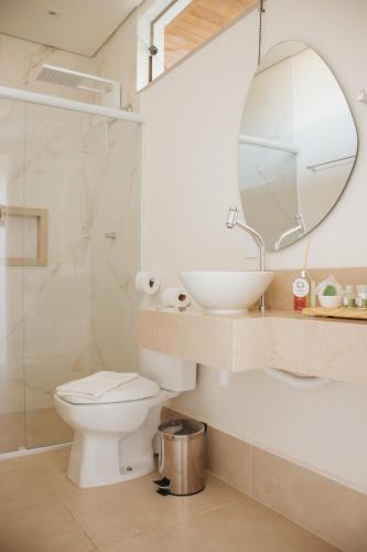 a bathroom with a sink and a toilet and a mirror at ALDRAVA POUSADA BOUTIQUE in Tiradentes
