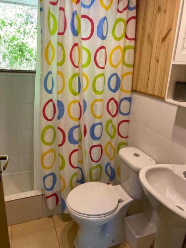 a bathroom with a toilet and a shower curtain at Cabaña Grande - Acceso directo a playa lago Caburgua y cancha de tenis - direct access Beach in Caburgua Lake and tenis court - Huincalafquen in Caburgua