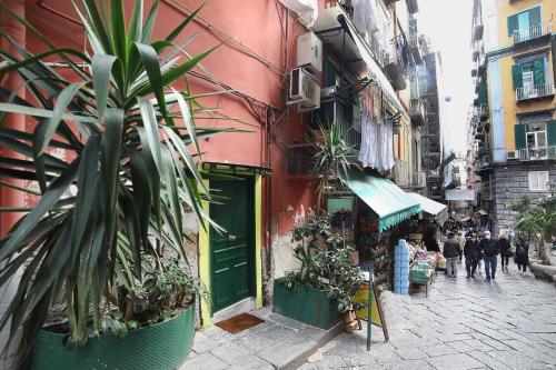 a street with a green door and plants on a building at Casa Sant Anna in Naples