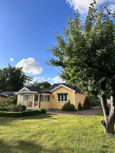 a yellow house with a tree in the yard at Casa del Amarel in Vejbystrand
