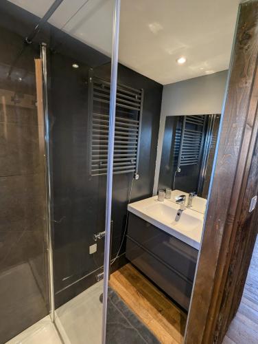 une salle de bain avec douche et lavabo dans l'établissement Grange 1767 - vue imprenable - proche SAMOËNS/MORRILON, à Verchaix