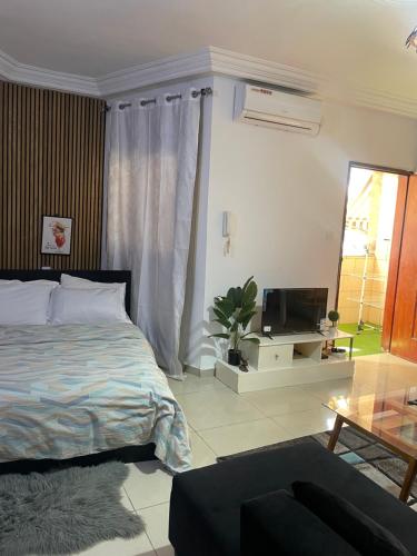 a bedroom with a bed and a tv and a table at Cheb's House in Abidjan