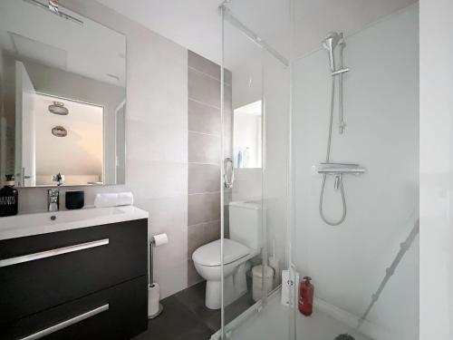 a bathroom with a toilet and a glass shower at Magnifique Rooftop 4 personnes, proche Part-Dieu in Villeurbanne