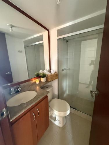 メデジンにあるApartment in Poblado 17th Floor W Poolのトイレ、洗面台、シャワー付きのバスルーム