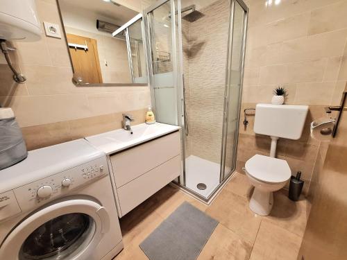 a bathroom with a washing machine and a toilet at Apartment San Izola - near the beach in Izola