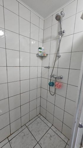 a shower in a white tiled bathroom at Biba bo sonjo appartement in Willemstad