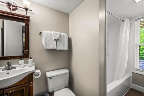 Un baño con inodoro, lavabo y ducha. en Tennessee Ridge, en Gatlinburg