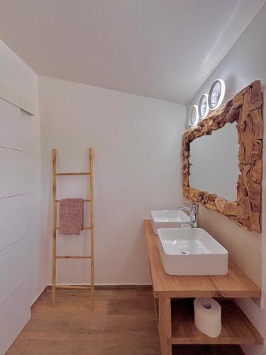 a bathroom with a sink and a mirror at La Villa Harmonie in Sainte-Luce