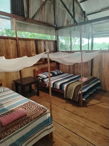 a room with two beds and a hammock in it at Don Jaime - Hostel in Puerto Maldonado