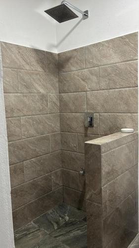 a bathroom with a shower with a stone wall at Apartamento Coral Quepos in Naranjito