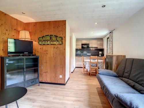 un salon avec un canapé et une télévision dans l'établissement Studio 4 pers La Clusaz, animaux admis, parking - FR-1-818-96, à La Clusaz