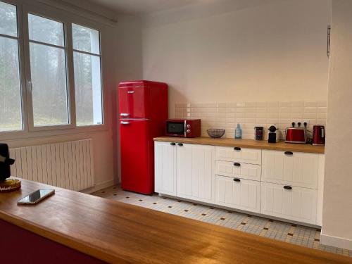 - un réfrigérateur rouge dans une cuisine avec des placards blancs dans l'établissement Maison familiale près du Zoo et du circuit - FR-1-410-463, à Bazouges-sur-le-Loir