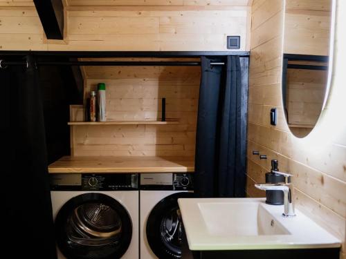 une salle de bain avec une machine à laver et un lavabo dans l'établissement Chalet moderne avec cheminée et animaux bienvenus proche de Gérardmer - FR-1-589-778, à Sapois