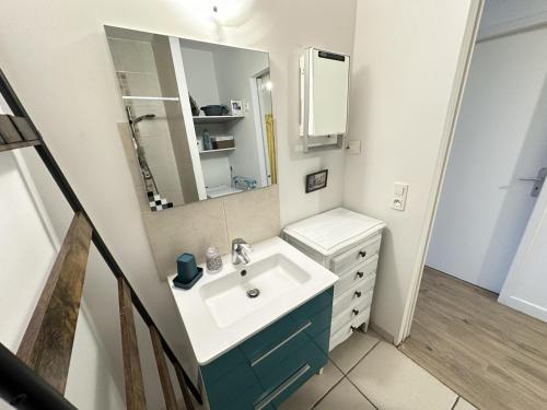 une salle de bain avec un lavabo et un miroir dans l'établissement Port-Vendres: T3 lumineux au calme pour 6, proche quais - FR-1-309-490, à Port-Vendres