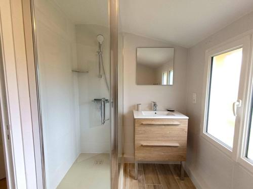 une salle de bain avec un lavabo et un miroir dans l'établissement Maison moderne sur l'île avec jardin et Wi-Fi, proche plage - FR-1-368-450, à Pleumeur-Bodou