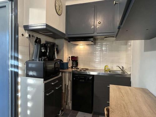 - une petite cuisine avec des placards noirs et un évier dans l'établissement Studio tranquille à 300m de la plage, animaux acceptés - FR-1-225C-153, à Banyuls-sur-Mer