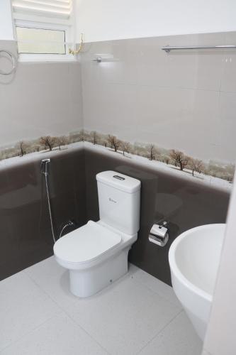 a white bathroom with a toilet and a sink at Niro Homestay in Kandy